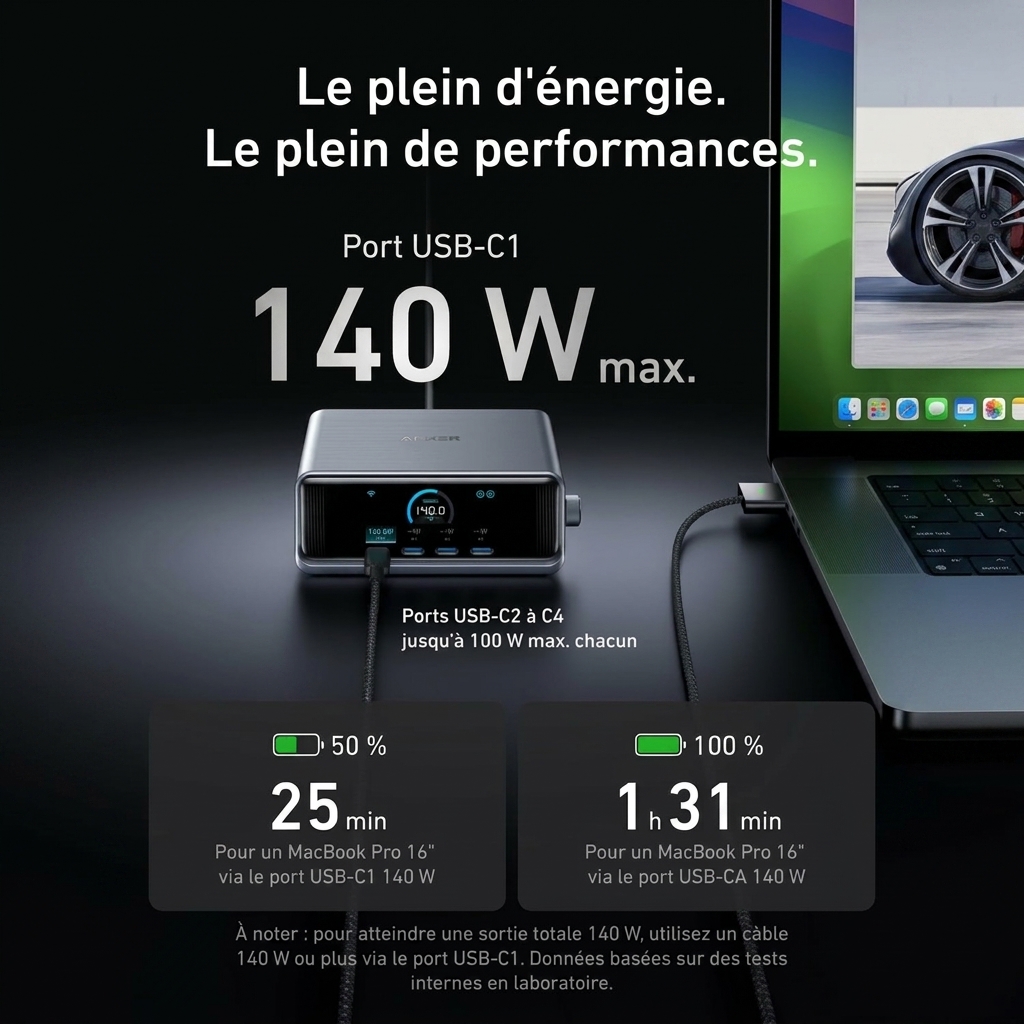 Chargeur de bureau Anker Prime 250W GaNPrime — 6 ports, écran LCD intelligent