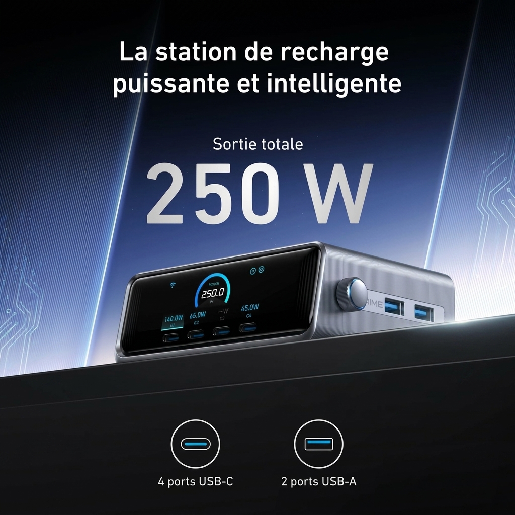Chargeur de bureau Anker Prime 250W GaNPrime — 6 ports, écran LCD intelligent